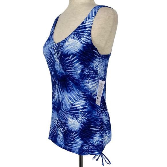 NEW LANDS END Chlorine Resistant Tie Dye Blue Cinch Waist Tankini Swim Top 2 - Picture 3 of 6